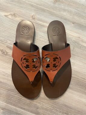 Tory Burch Tan Leather Logo Thong Sandals